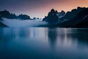 une Lac entouré par montagnes à le coucher du soleil. généré par ai photo