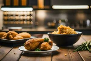 une table avec frit poulet et français frites. généré par ai photo