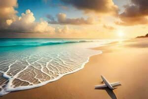 une avion sur le plage à le coucher du soleil. généré par ai photo