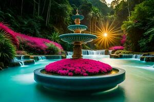 magnifique cascade dans le jungle avec fleurs et cascades. généré par ai photo