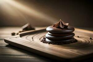 Chocolat gâteau sur une en bois plateau. généré par ai photo