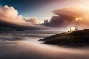 une petit maison est assis sur Haut de une Roche dans le milieu de une orageux océan. généré par ai photo