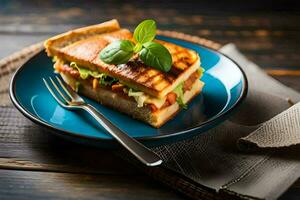 une grillé sandwich sur une bleu assiette avec une fourchette. généré par ai photo