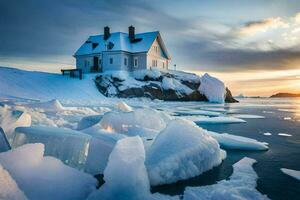 une maison est assis sur Haut de la glace dans le océan. généré par ai photo