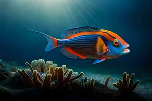 une poisson avec brillant Orange et bleu rayures. généré par ai photo