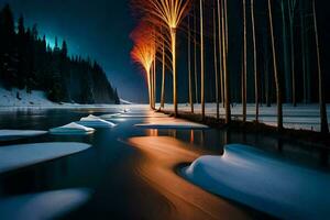 une rivière dans le neige avec des arbres et lumières. généré par ai photo