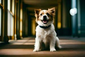 une chien séance sur une sol dans une couloir. généré par ai photo