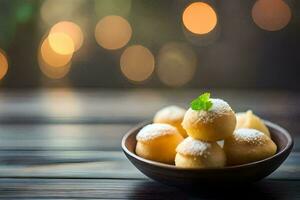 une bol de beignets avec sucre sur Haut. généré par ai photo