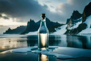 une bouteille de l'eau séance sur le plage avec montagnes dans le Contexte. généré par ai photo