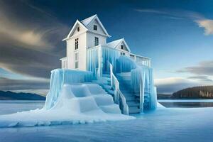 une maison fabriqué de la glace sur le l'eau. généré par ai photo