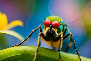 une coloré insecte avec rouge yeux séance sur une feuille. généré par ai photo