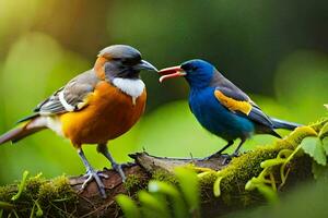 deux coloré des oiseaux sont permanent sur une branche. généré par ai photo