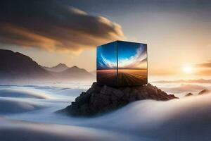 une cube séance sur Haut de une Montagne avec des nuages dans le Contexte. généré par ai photo