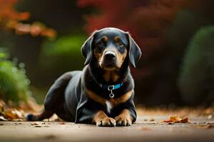 une noir et bronzer chien pose sur le sol. généré par ai photo