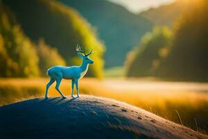 une blanc cerf des stands sur une colline dans le milieu de une champ. généré par ai photo