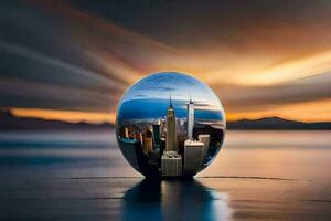 une ville dans une verre Balle avec une le coucher du soleil derrière il. généré par ai photo