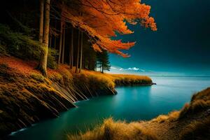 l'automne paysage avec des arbres et l'eau. généré par ai photo