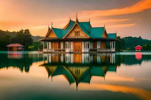 une magnifique maison dans le milieu de une lac. généré par ai photo