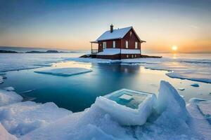 une rouge maison est assis sur Haut de un la glace banquise. généré par ai photo
