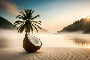 une noix de coco sur le plage. généré par ai photo