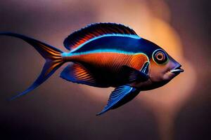 une coloré poisson avec noir, bleu, et Orange rayures. généré par ai photo