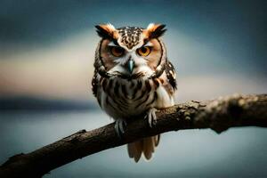 un hibou est séance sur une branche avec une foncé Contexte. généré par ai photo