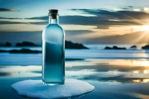 une bouteille de l'eau est assis sur le plage avec le Soleil réglage derrière il. généré par ai photo