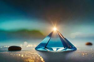 une pyramide avec une bleu cristal sur le plage. généré par ai photo