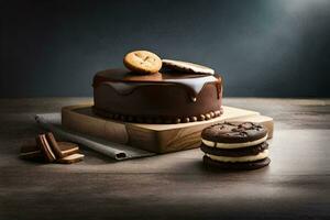 une Chocolat gâteau avec biscuits sur une en bois planche. généré par ai photo