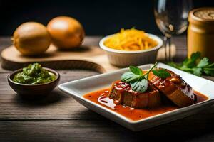 une assiette de nourriture avec Viande et sauce sur il. généré par ai photo