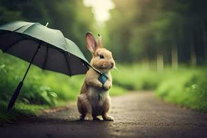 une lapin est permanent dans le pluie en portant un parapluie. généré par ai photo