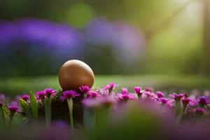 un Pâques Oeuf dans le milieu de une champ de violet fleurs. généré par ai photo