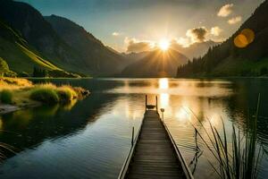 le Soleil est réglage plus de une Lac et une Dock. généré par ai photo