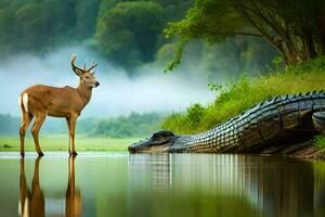 une cerf des stands suivant à une crocodile dans une rivière. généré par ai photo