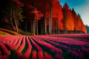 une champ de rouge et violet des arbres dans le forêt. généré par ai photo