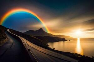 une arc en ciel est vu plus de le océan et montagnes. généré par ai photo