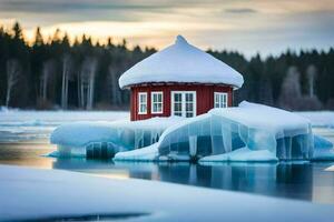 une rouge maison est assis sur Haut de un la glace banquise. généré par ai photo