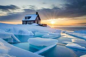 une maison est assis sur Haut de un la glace couvert plage. généré par ai photo