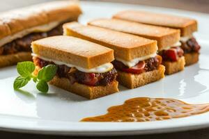 une assiette avec des sandwichs et sauce sur il. généré par ai photo