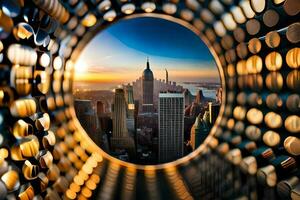 une vue de le ville par une circulaire trou. généré par ai photo