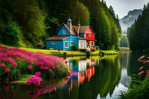 coloré maison sur le Lac avec fleurs. généré par ai photo