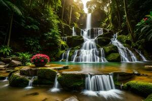 magnifique cascade dans tropical forêt avec fleurs. généré par ai photo