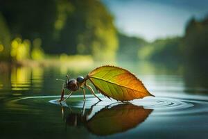 une feuille sur le l'eau avec une petit fourmi. généré par ai photo