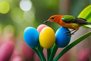 une coloré oiseau est assis sur Haut de une coloré œuf. généré par ai photo