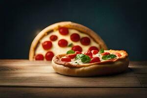 une Pizza avec fromage et tomates sur une en bois tableau. généré par ai photo