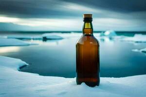 une bouteille de Bière séance sur le neige couvert sol. généré par ai photo