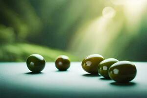 Olives sur une table avec lumière du soleil brillant à travers. généré par ai photo