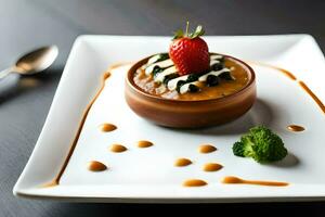 une dessert sur une blanc assiette avec une fraise sur Haut. généré par ai photo