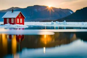 une rouge maison est assis sur le bord de une congelé lac. généré par ai photo