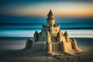 une le sable Château sur le plage à le coucher du soleil. généré par ai photo